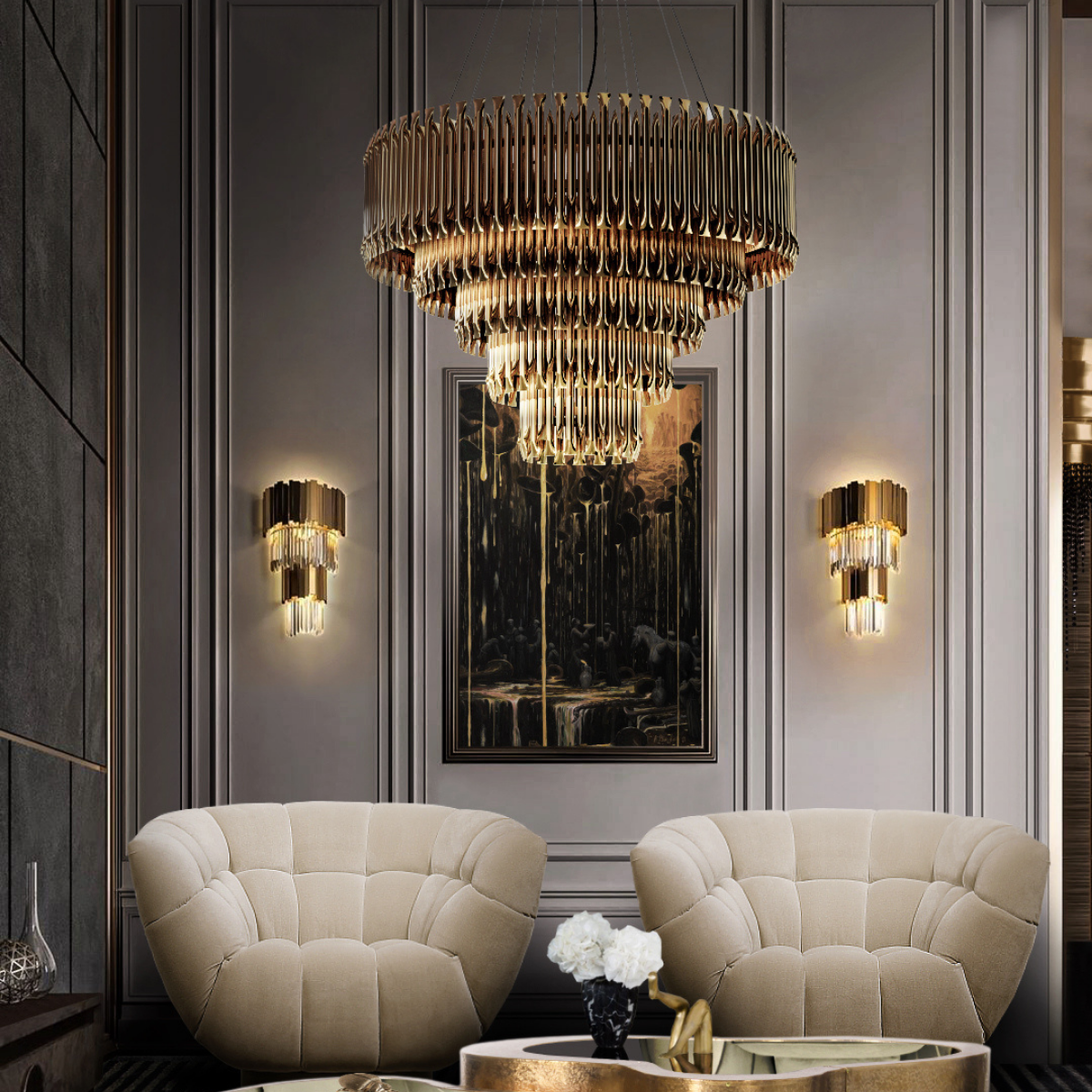 Living Room Project Featuring Matheny Chandelier by Luxxu Covet Lighting