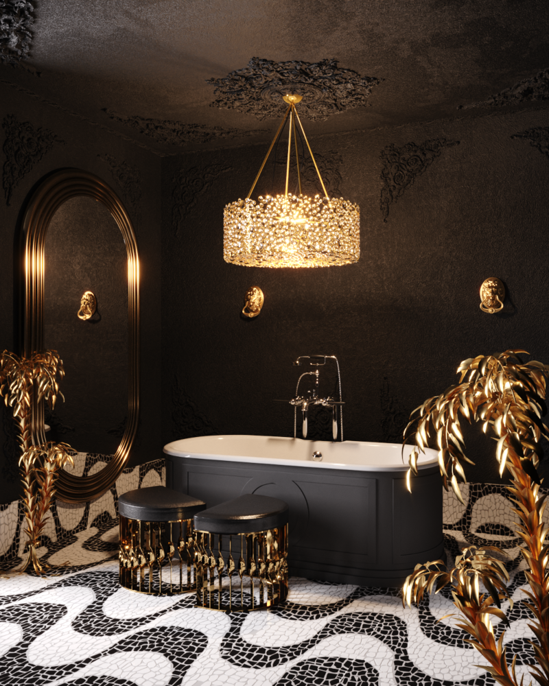 dark and noir ambiance combined with the golden finishes of the brand-new lighting pieces