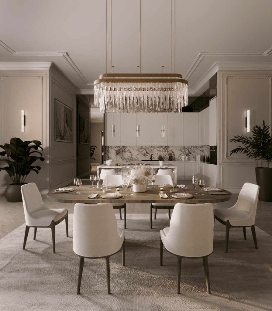 Dining Room With The Elegant Waterfall Rectangular Suspension Lamp - Elegant Apartment Dining Room Lighting